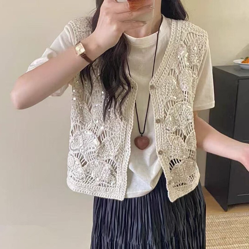 New Vintage Hollow-out Hook-out Wear Heavy-Duty Sequin Knitted Vest Cardigan Women's All-Match V-Neck Short Vest for Summer New Vintage Hollow-out Hook-out Wear Heavy-Duty Sequin Knitted Vest Cardigan Women's All-Match V-Neck Short Vest for Summer