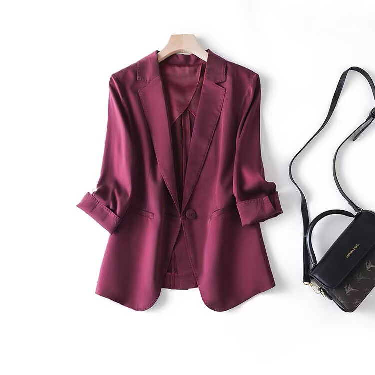 30mm Heavy Silk Jacket, Elegant and Luxurious High-End Summer Wine Red and Off-White Slim-Fit Three-Quarter Sleeve Blazer for Women