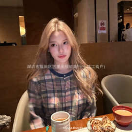 26秋冬新款大女童刺绣小众设计格纹提花糖果色针织开衫外套女