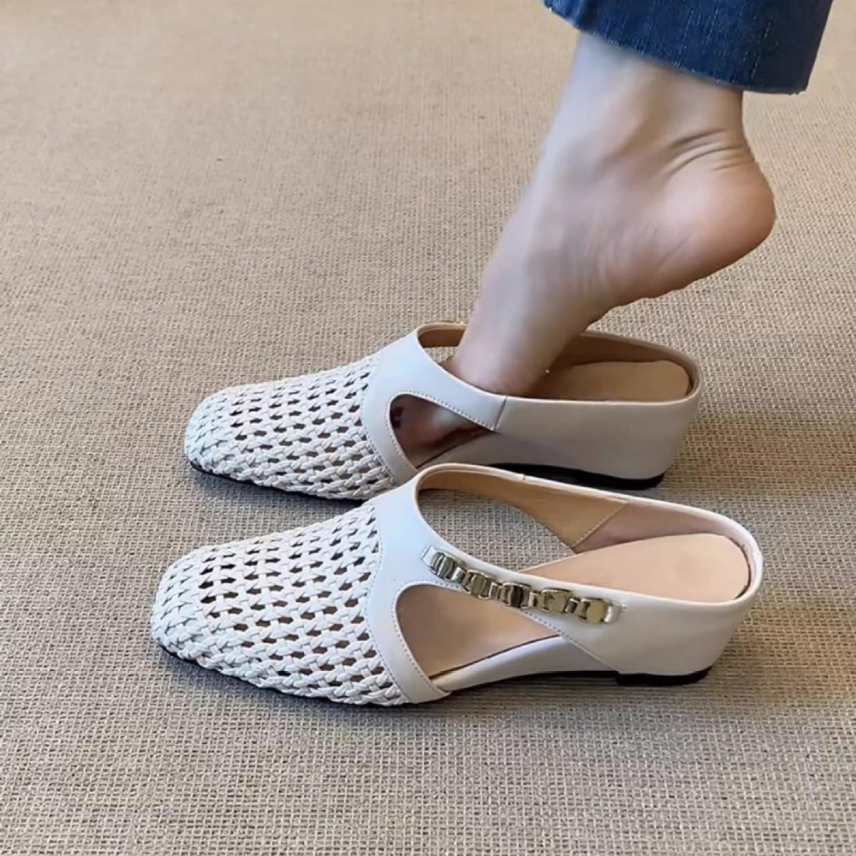 Versión de piel de oveja con aumento interior de 7cm tejido hueca puntera media pantuflas penetrantes exteriores a juego de aire falda sandalias de plataforma mujer