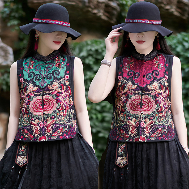 Summer New Chinese Style Embroidered Flower Vest Embroidered Phoenix Buckle Cardigan Vest Ethnic Style Women's Short Collar
