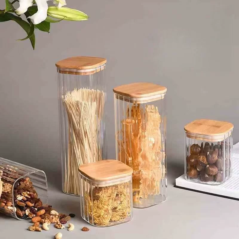 Квадратная стеклянная банка с широкими полосками. Новая стеклянная герметичная банка с полосками. Большая банка для хранения. Прозрачная чайная банка. Закуски.