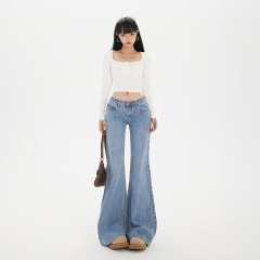 橙绢女装#低腰喇叭牛仔裤女秋季新款辣妹百搭显瘦弹力竹纹拖地裤