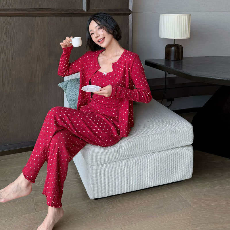 Red Heart Print Cotton Suspender Long-Sleeved Pants Pajamas for Women Spring & Fall Pure Cotton Three-Piece Home Wear Set New