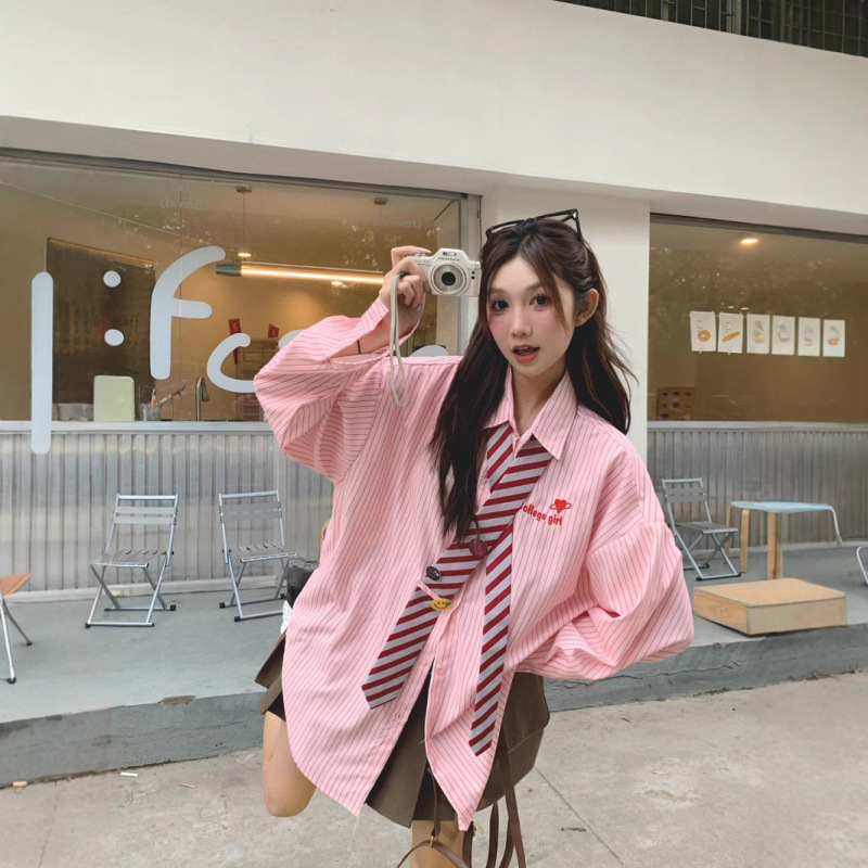 College Style Tie Striped Pink Long-sleeved Shirt Women's Early Autumn Korean Style Sweet Design Sense Slimming All-match Top