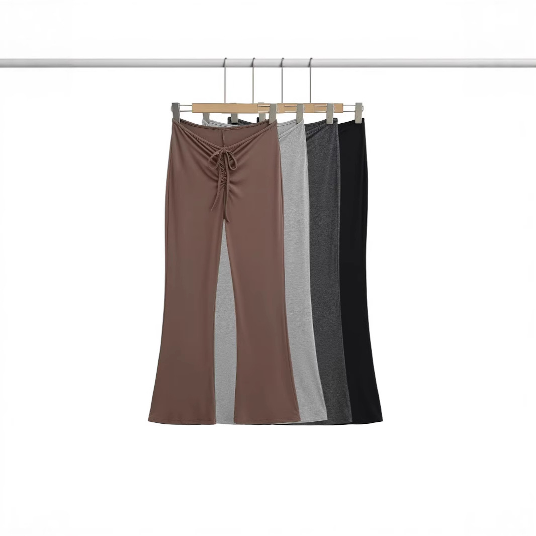 American Hot Girl's Thin, Sexy, Slim-Fitting, Hip-Hugging, Micro-Flared Pants for Women, Wrinkled Lace-Up Solid Color Sports Casual Pants