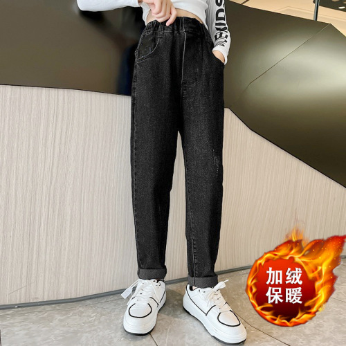 Girls' jeans, velvet and thickened, new autumn and winter, big and small children, girls and children's warm long pants