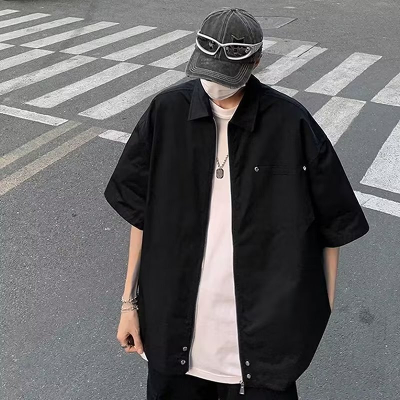 Short-Sleeved Shirt Men's Zipper T-Shirt Design Sense Niche Summer Trendy Brand Loose American High-Street vibe Handsome Shirt Short-Sleeved Shirt Men's Zipper T-Shirt Design Sense Niche Summer Trendy Brand Loose American High-Street vibe Handsome Shirt