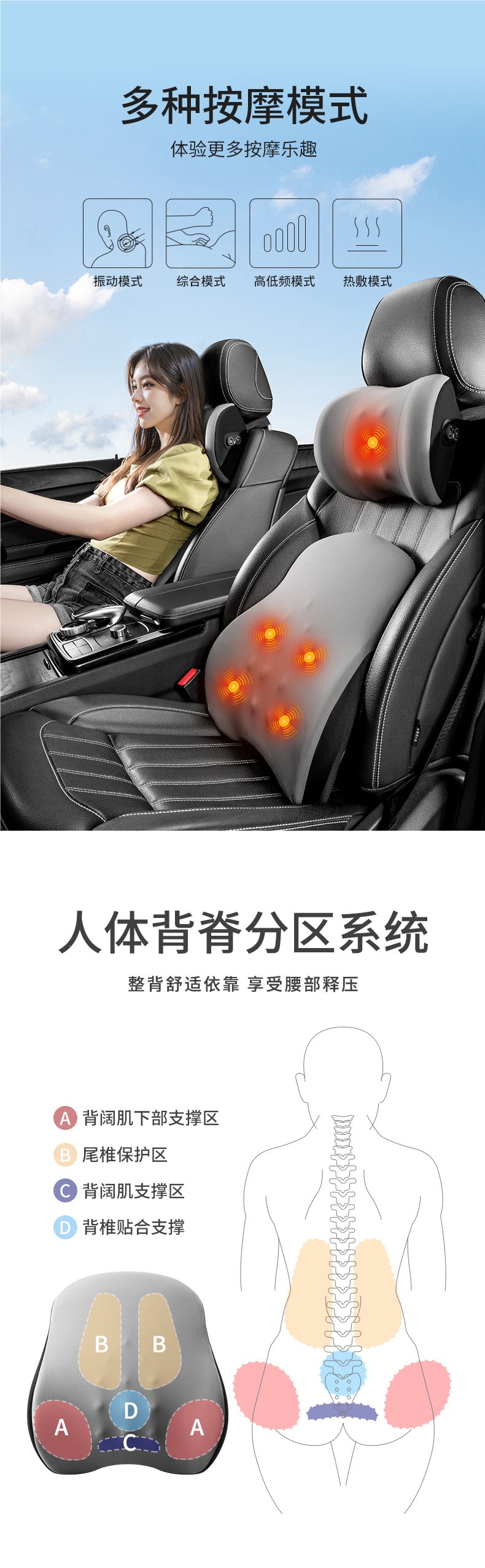 Car electric massage lumbar support cushion for drivers, car lumbar support for driving seat backrest