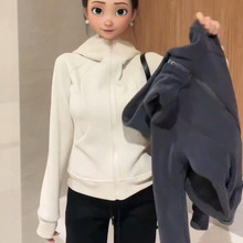 白色摇粒绒连帽卫衣外套女新款冬季加绒加厚冲锋衣内胆上衣厚开衫