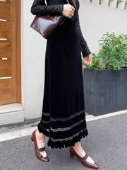 醋酸拼接蕾丝镂空金丝绒半身裙女欧洲站秋季新款百搭显瘦A字花边