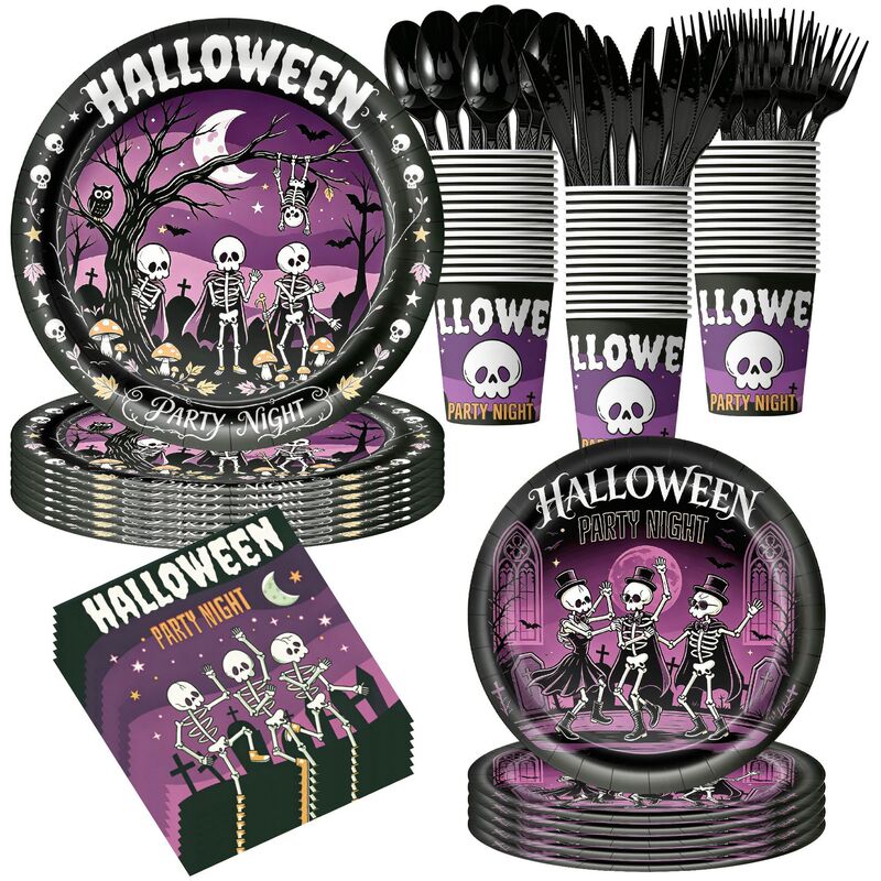 Cross-border Halloween Party Disposable Tableware Purple Horror Skull Rock Paper Cups Paper Plates Party Decoration Arrangement Cross-border Halloween Party Disposable Tableware Purple Horror Skull Rock Paper Cups Paper Plates Party Decoration Arrangement