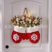 跨境新品Twinkling Christmas Mitten Wreath圣诞节发光手套花环