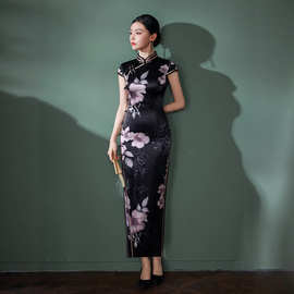 桑蚕丝真丝旗袍女夏高级感黑色走秀日常改良修身长款2025中式复古
