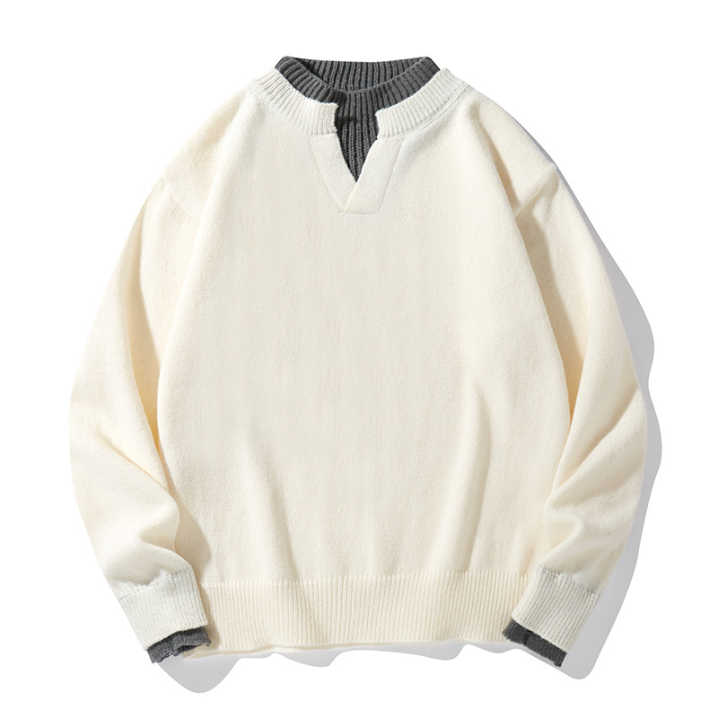 Men's Layered Look V-Neck Sweater Winter Oversized Knit Pullover Casual Loose Fit Long Sleeve Layering Top With Ribbed Hem_voghion.com