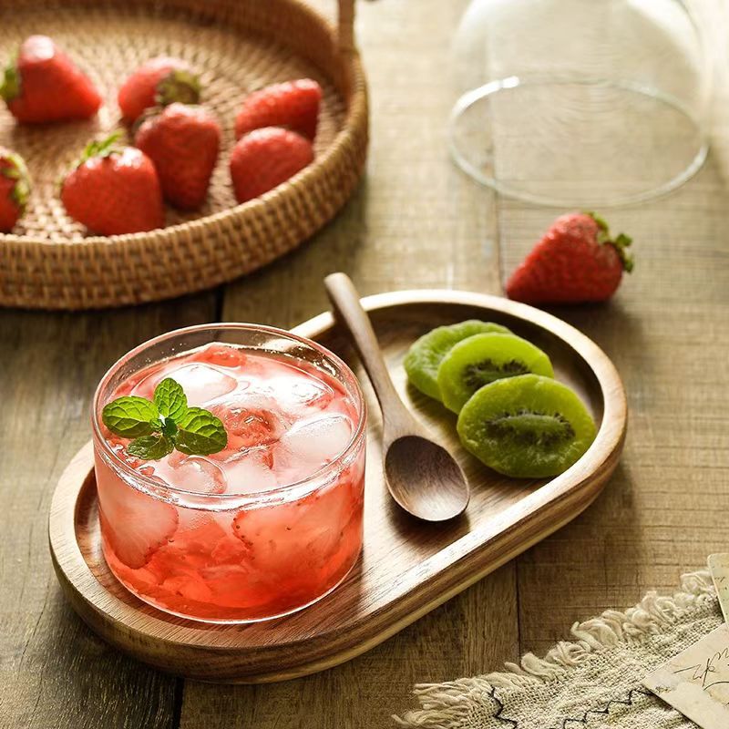 Transparent Glass Dessert Bowl Tray, Patience Cup, Breakfast Special for One Person, Acacia Wood Tray, Spoon, Glass Set