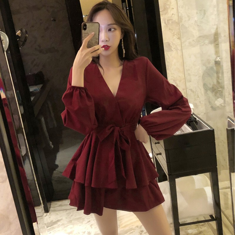 Solid Color Slimming A- line Short Pant Skirt Women's Autumn New Women's Clothing Loose High Waist Cross V-neck Long Sleeve Strap dress