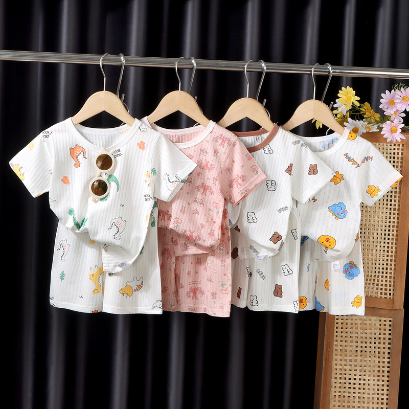 [Customized] Children's Short-sleeved Shorts suit Jacquard Sweat Home Clothes Men's Treasure Air-conditioning Clothes Girls' Pajamas Summer