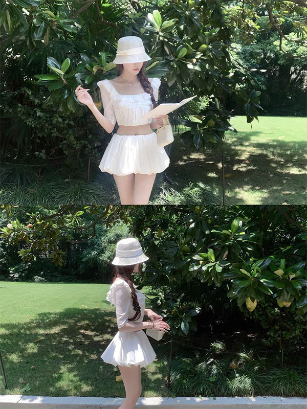 kubiliv【少女莉莉安】法式u领莱赛尔上衣低腰蕾丝花苞蓬蓬裙套装|undefined
