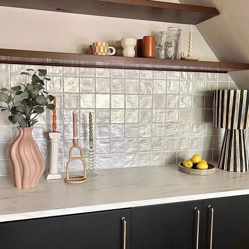 Scandinavian Simple Handmade Tiles Pearl Glazed Tiles Shell Light Milk White Bathroom Kitchen Wall Tiles Dining Table Background Wall