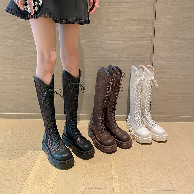Boot lưới da thật cổ cao đế dày thoáng khí mùa xuân hè phong cách kỵ sĩ buộc dây — Màu nâu ống lớn, Màu đen cổ ống lớn, Ống nhỏ màu đen, Ống nhỏ màu be chi tiết 85