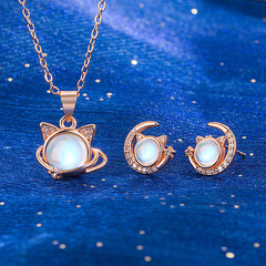 Personalized Starry Cat Earrings Necklace Set for Women, Cute and Sweet Little Cat High-End Lockchain Moon Cat Ear Decorations