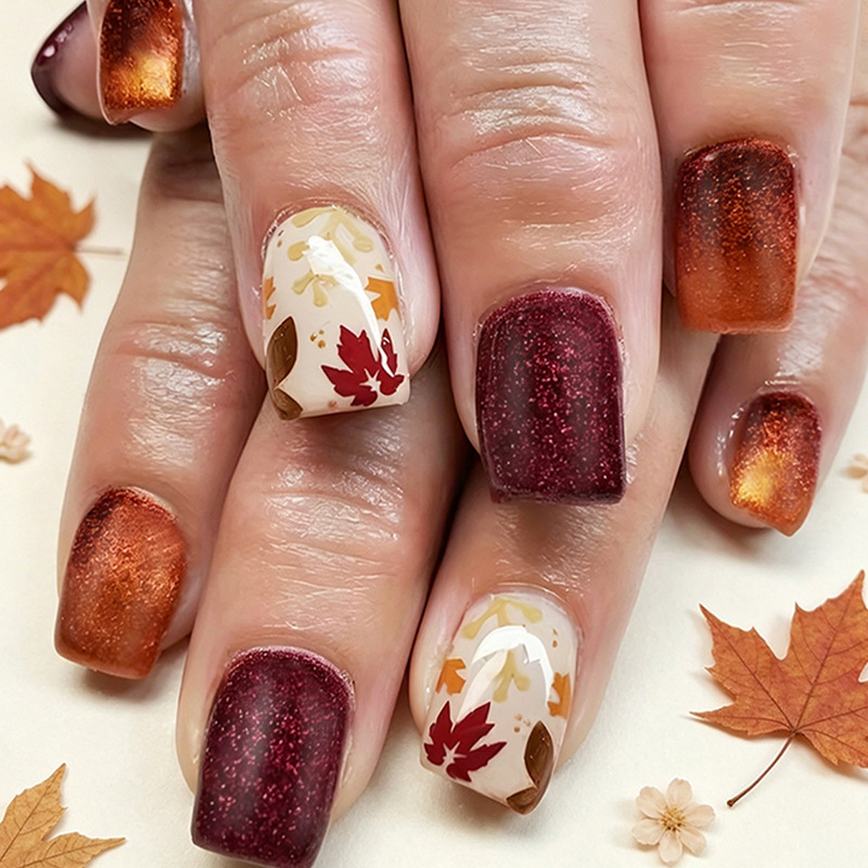 Autumn Short Glossy Square Nails with Maple Leaf Sparkle, Versatile Glossy Nail Art, 24 Pieces Removable Fake Nails Autumn Short Glossy Square Nails with Maple Leaf Sparkle, Versatile Glossy Nail Art, 24 Pieces Removable Fake Nails