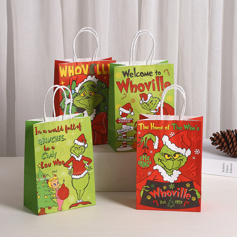 グリンチのクリスマスをテーマにしたギフト包装袋、漫画風パーティーギフト包装袋、ハンドバッグ、クラフト紙|undefined