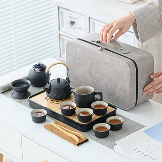 轻奢简约粗陶泡茶壶套装旅行茶盘茶具简易随行便携式商务活动礼品