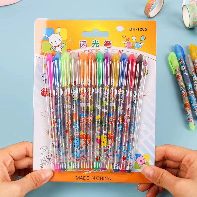Flashing fluorescence highlighter, coloured pencils, rollerball pen, scheduler