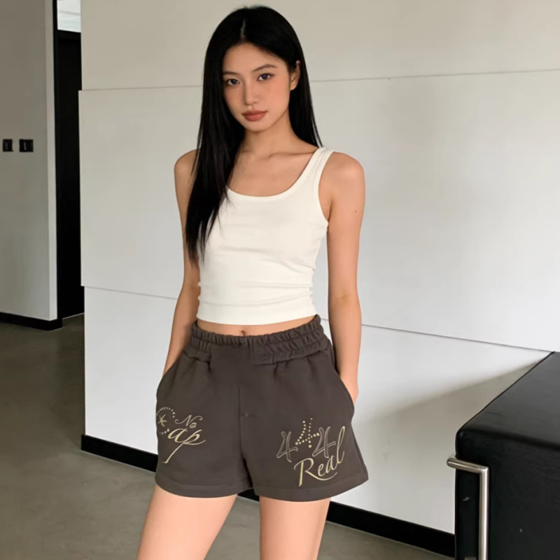 26 Summer New Korean Style Simple Starfish Letter Print Pocket Sweatpants Slimming Versatile Casual Sports Shorts for Women
