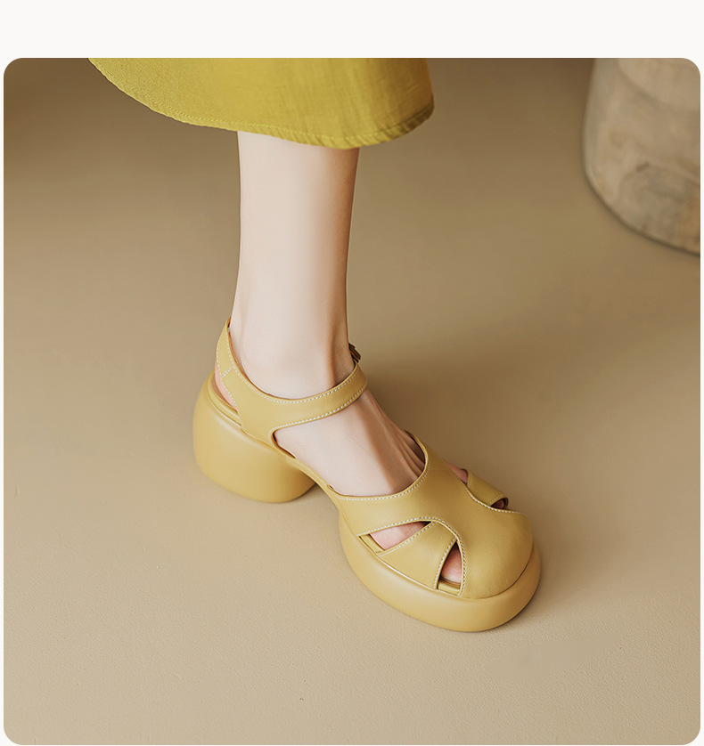 Sandal gót thô da cừu bít mũi phong cách La Mã đế dày quai ngang hở gót — Màu vàng ngỗng chi tiết 16