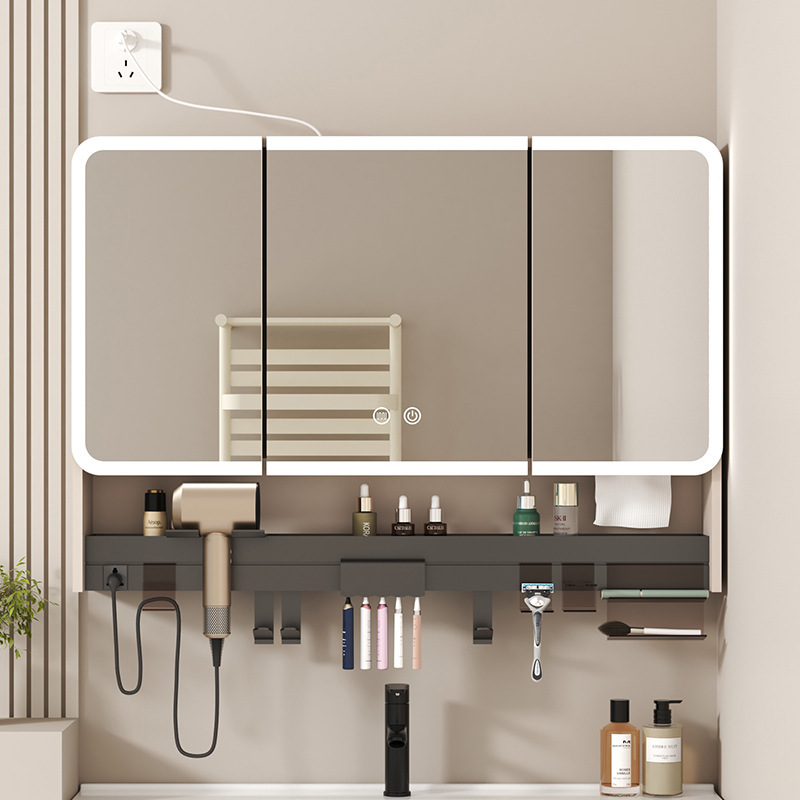 New Storage Mirror Cabinet with Smart Lighting, Bathroom Arc Semi-Enclosed Lower Compartment with Mirror and Tissue Paper Hole