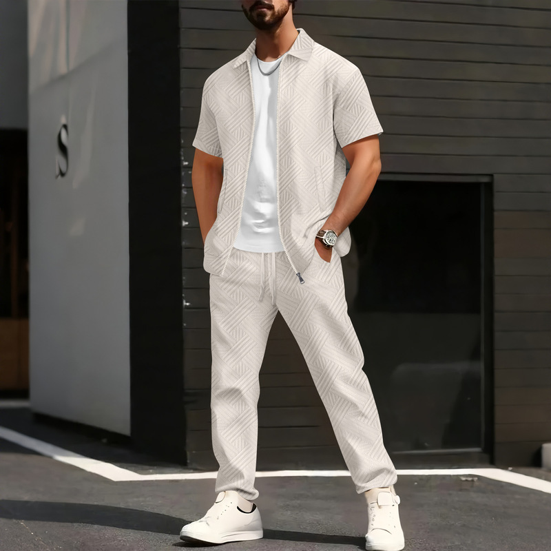 2025 Amazon Men's Cross-Border Summer New Pure Color Jacquard Cardigan Short-Sleeved Jacket Pants Casual Suit