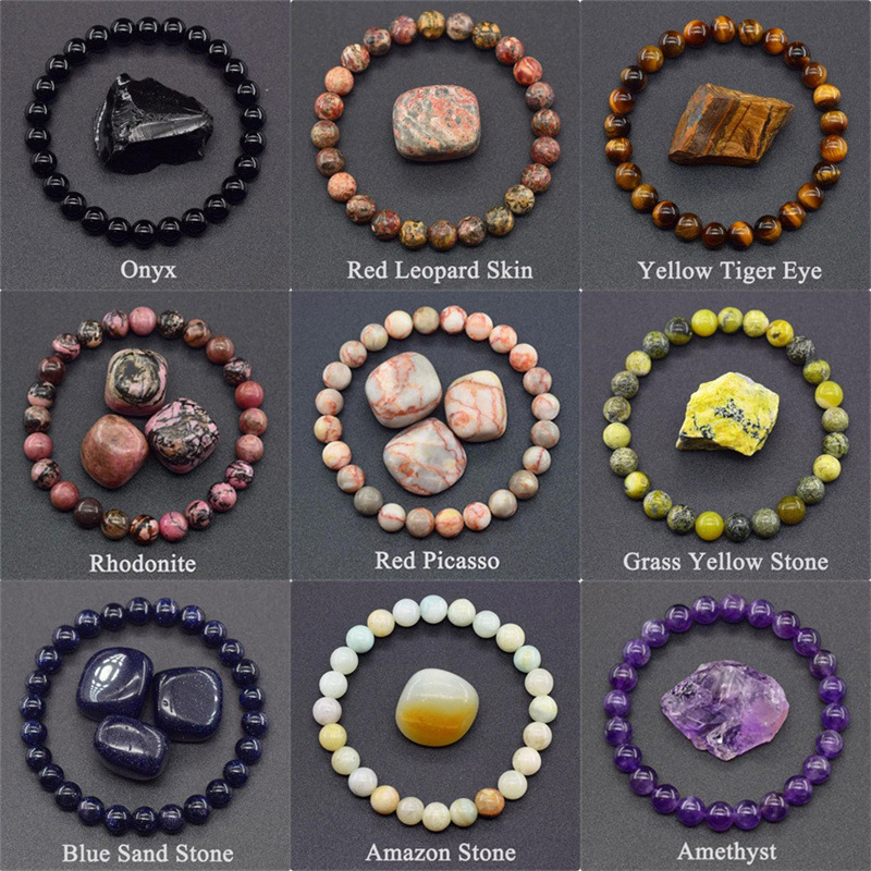 正品欧美跨境蔷薇石亚马逊虎眼水晶8mm天然石弹力绳串珠手链新款
