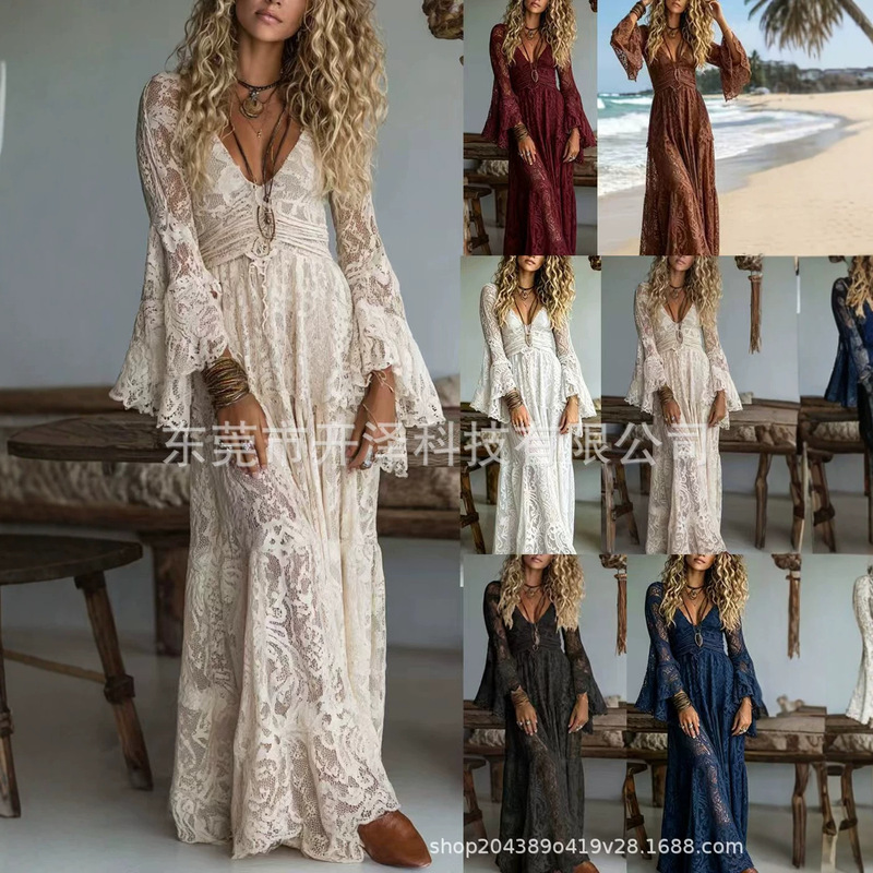 2026 European Size Cross-Border Elegant V-Neck Dress High-Waisted Lace Long Dress Long-Sleeve Dress Beach Shirt Factory Direct