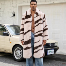 欧美新款仿皮草外套男装仿狐狸毛斑马纹长款冬季休闲保暖毛绒大衣