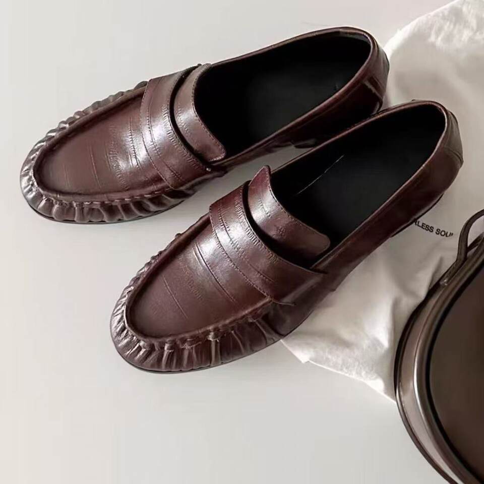 Giày lười nữ da cá chình thật thủ công phong cách retro nhăn, đế dày gót 3-5 cm — Màu nâu, màu đen chi tiết 9