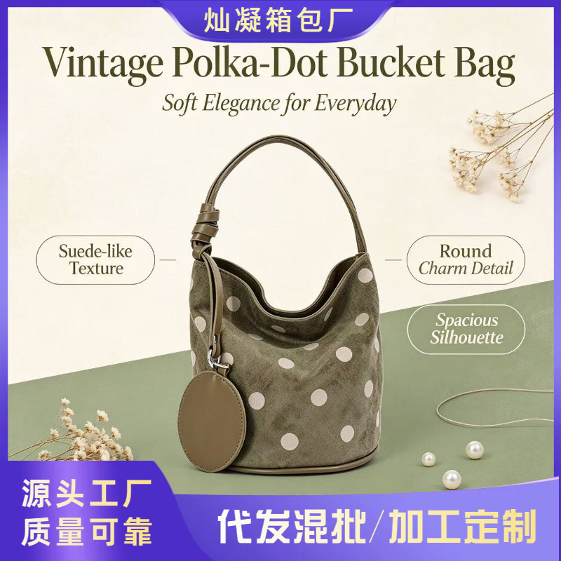 Cross-border high-end polka dot bucket bag for women, 2026 autumn new handbag, versatile for commuting, shoulder and underarm bag