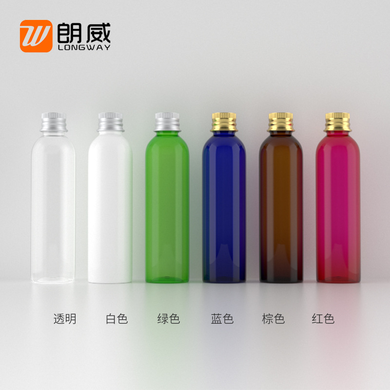 Langwei 150ml de hombro redondo botella de tapa de aluminio de plata botella de plástico cosmético sub-embalaje puro botella de rocío botella de tapa de aluminio para mascotas