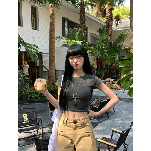 All-match waist-hugging short tight hot girl short-sleeved T-shirt for women 2025 summer retro chic navel top ins trendy