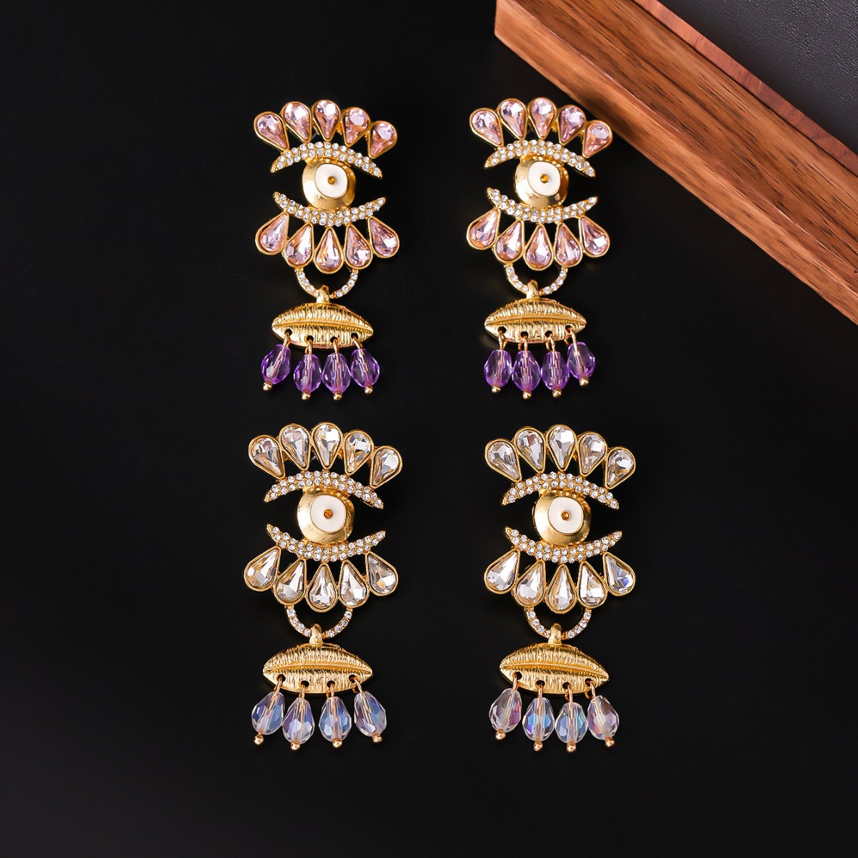 Vintage Devil Eye Clip Earrings With Diamond Water Drop Tassels_voghion.com