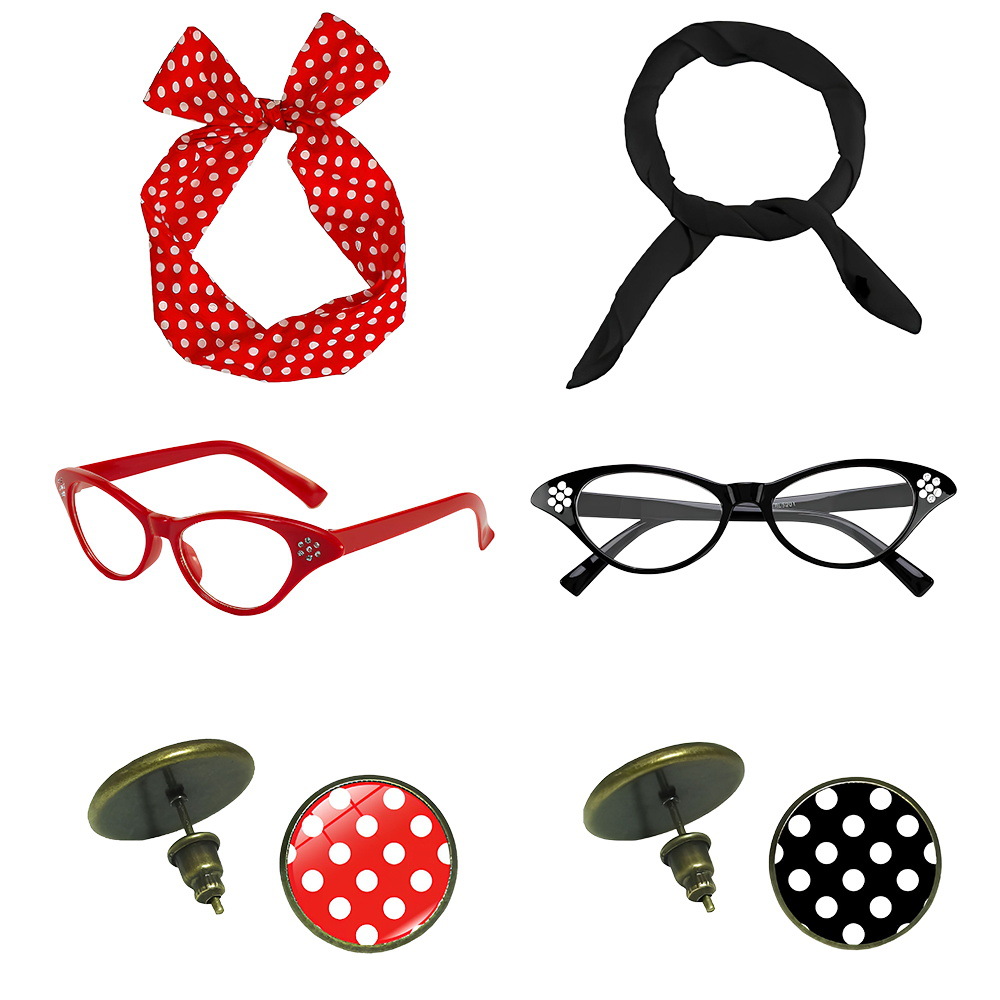 Decoración de baile retro de los años 1950 RPG punto de onda accesorios gafas aretes de pelo set collar