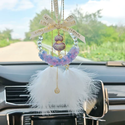 rearview mirror decoration, women's – Car hanging - amethyst-lily-of-the-valley-purple-embroidered-gourd-ornament-feather
