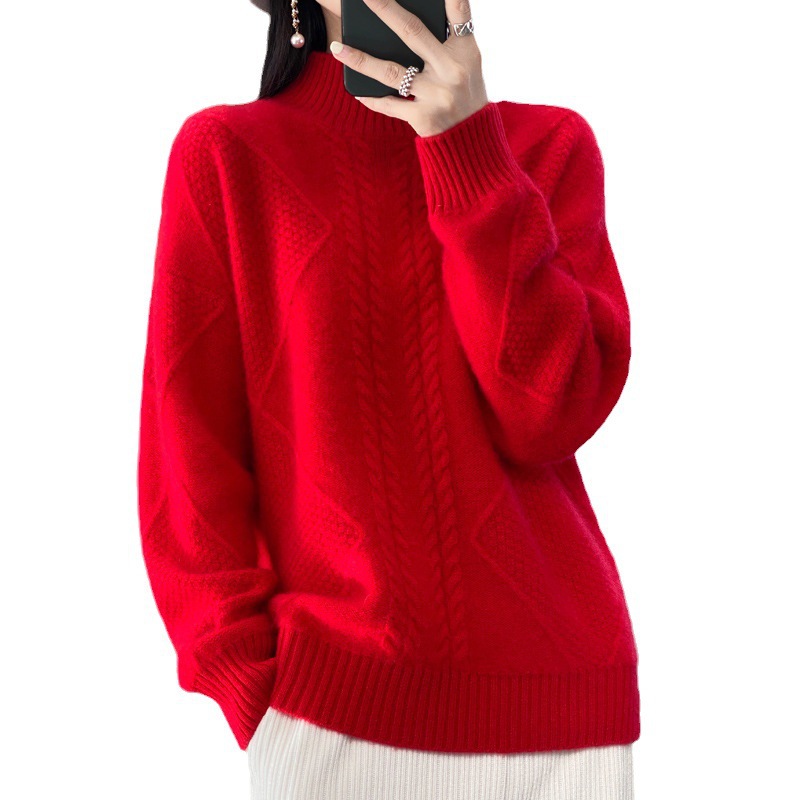 Half-Turtleneck 100% Pure Wool Sweater for Women, Loose Fit, Cable Knit, Long Sleeve, Winter Cashmere Sweater, Fine Wool