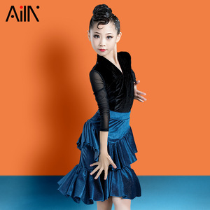 Girls black wine blue velvet latin dresses children's Latin dance skirt children practice performance dance clothes