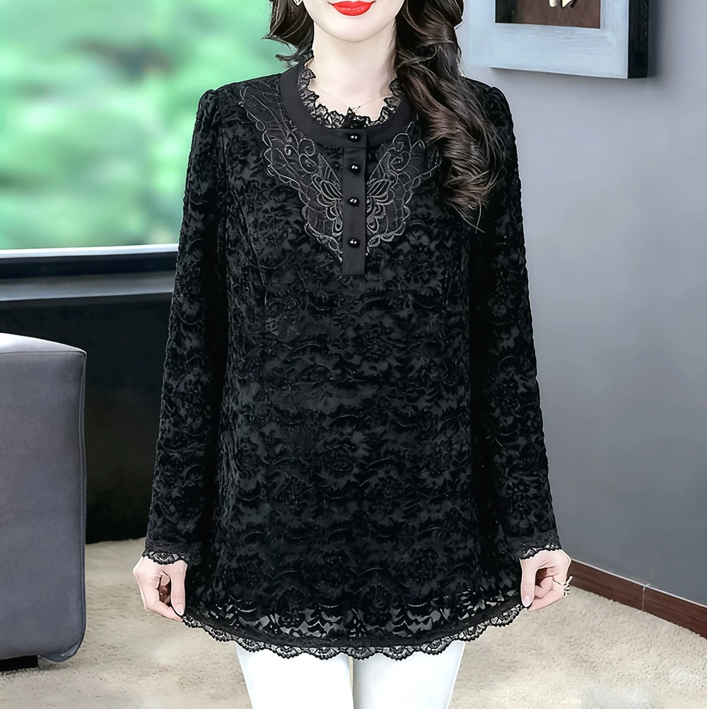 Утепленная и флисовая одежда для женщин больших размеров на осень и зиму, стройнящая и элегантная рубашка с длинным рукавом из бархатного жаккарда с кружевом для женщин среднего возраста.