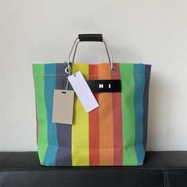 Mar草编编织包休闲购物袋手提袋tote托特包彩色条纹