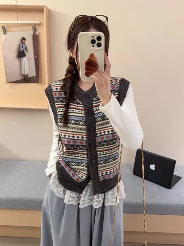 文艺复古风费尔岛提花针织马甲女秋冬撞色叠穿马夹背心上衣女1303|undefined