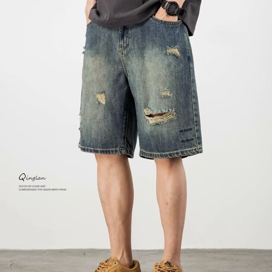 Ripped Denim Shorts for Men, Summer Loose Trendy Brand Ins Large Size Knee-Length Shorts, Men's Straight Mid-Length Shorts, Trendy